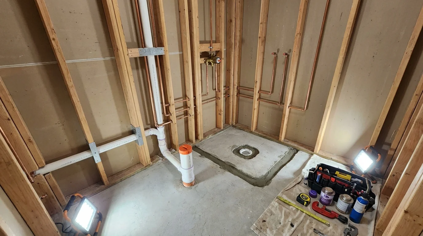 Bathroom rough-in plumbing during remodel by Johns Plumbing LLC in Horsham