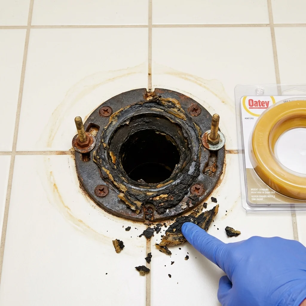 Failed wax ring showing water seepage at the base of a toilet in a Horsham, PA home
