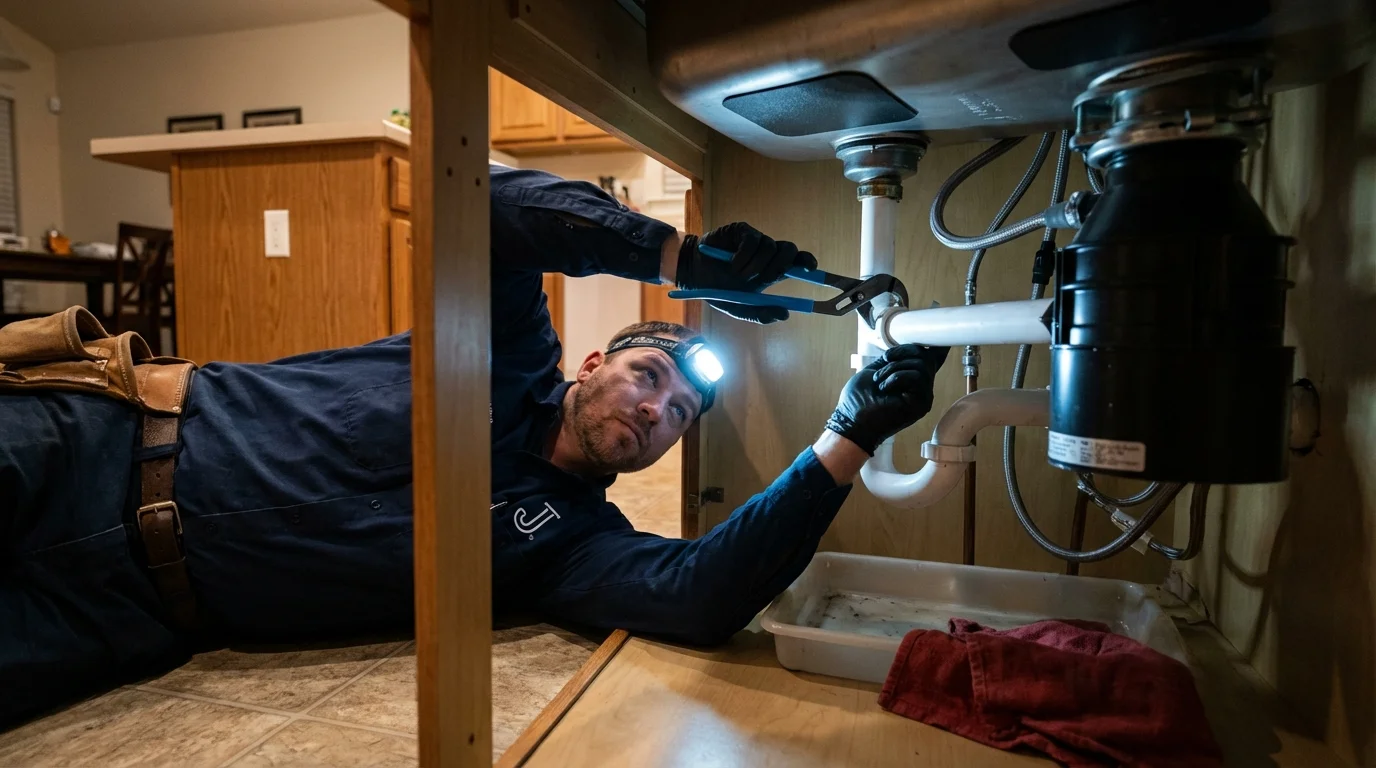 P-trap and supply line connections under a kitchen sink showing a common leak point in Horsham, PA